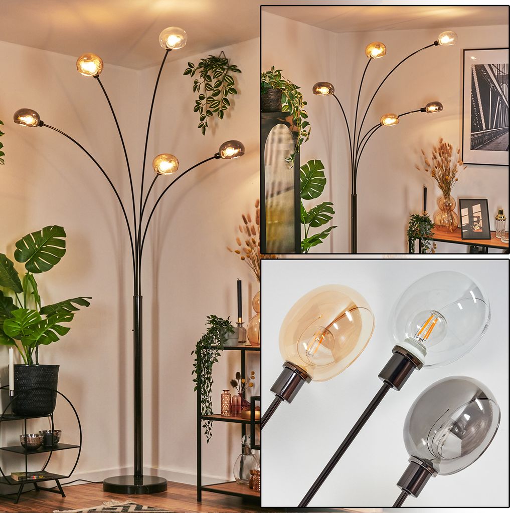 Suio Stehlampe Metall in Schwarz/Chrom/Bernstein/Rauch/Klar, Retro/Vintage