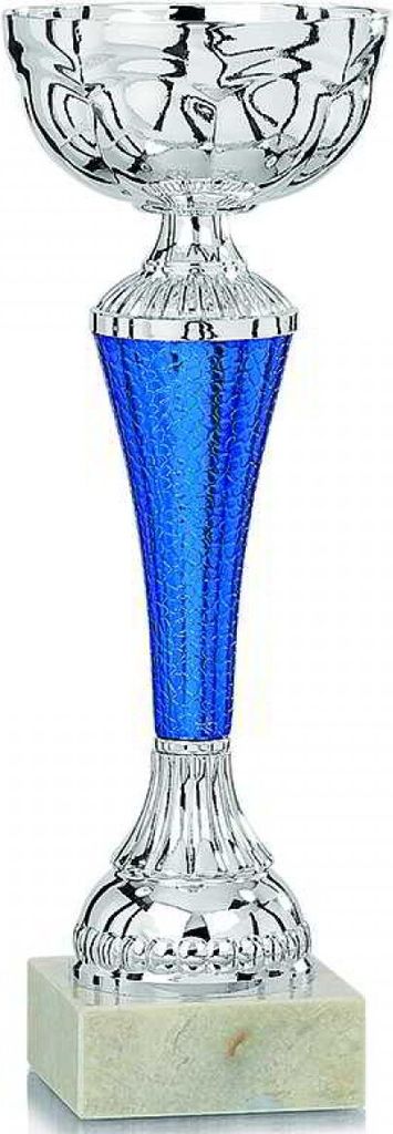 silbener Pokal mit blauen Pokalfuß Pokalgröße - 27 cm