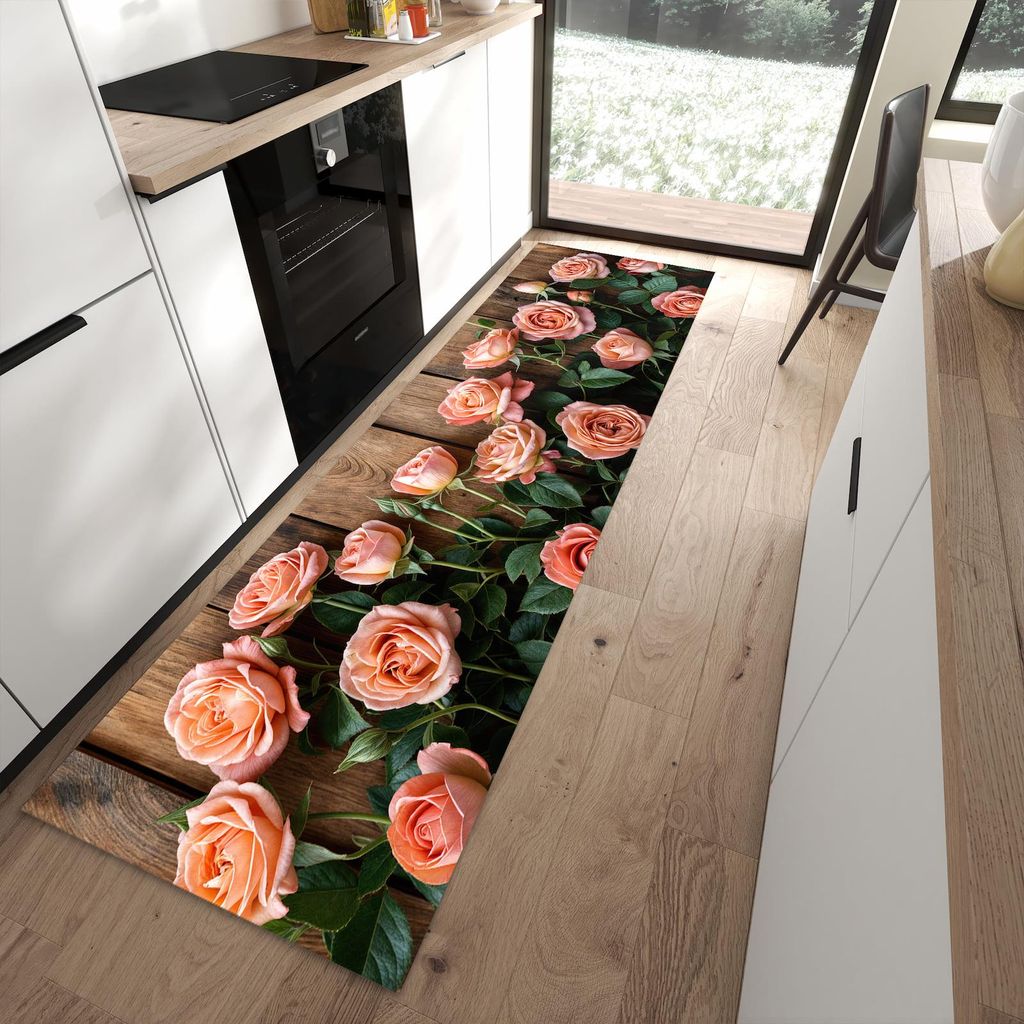 Küchenteppich 80x280cm rutschfest & abwischbar PVC Läufer - Rosen Holzhintergrund