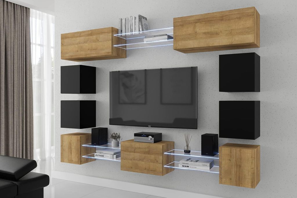 Furnitech Wohnwand Wohnzimmer - Hängend Wohnwand Modern - Regale und TV Schrank - Wohnzimmer Möbel ohne LED (Future C80N-21DZB-M-52)