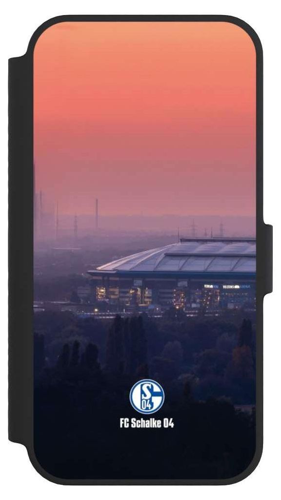 NIVOCASE Klapphülle für Apple iPhone 14 Handyhülle aus Kunst Leder NIVOflip schwarz FC Schalke 04 Offizielles Lizenzprodukt Stadion