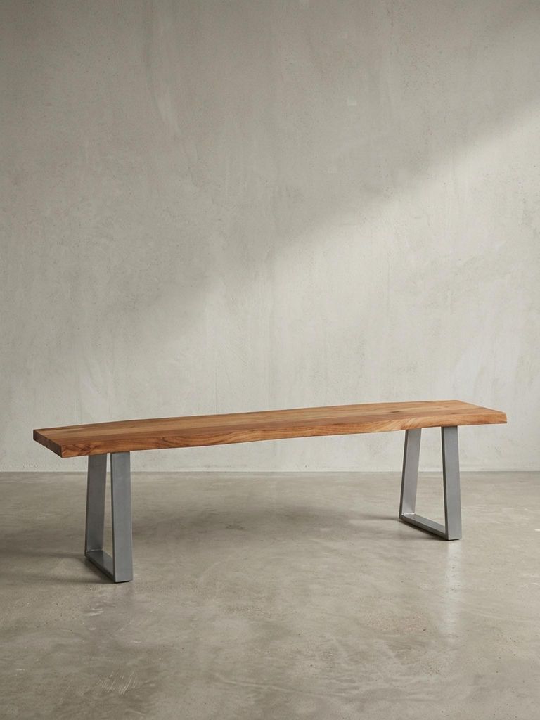 Esszimmerbank 140x40x45,5 cm Akazie Massivholz / Metall mit Baumkante, Esstischbank Holzbank Massiv ohne Lehne, Küchenbank Chrom Essbank Modern, S...