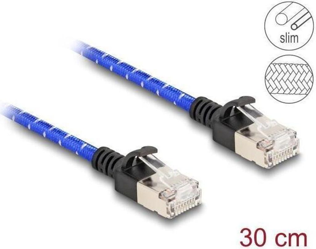 Delock RJ45 Netzwerkkabel mit Geflechtmantel Cat.6A U/FTP Slim 0,3 m blau