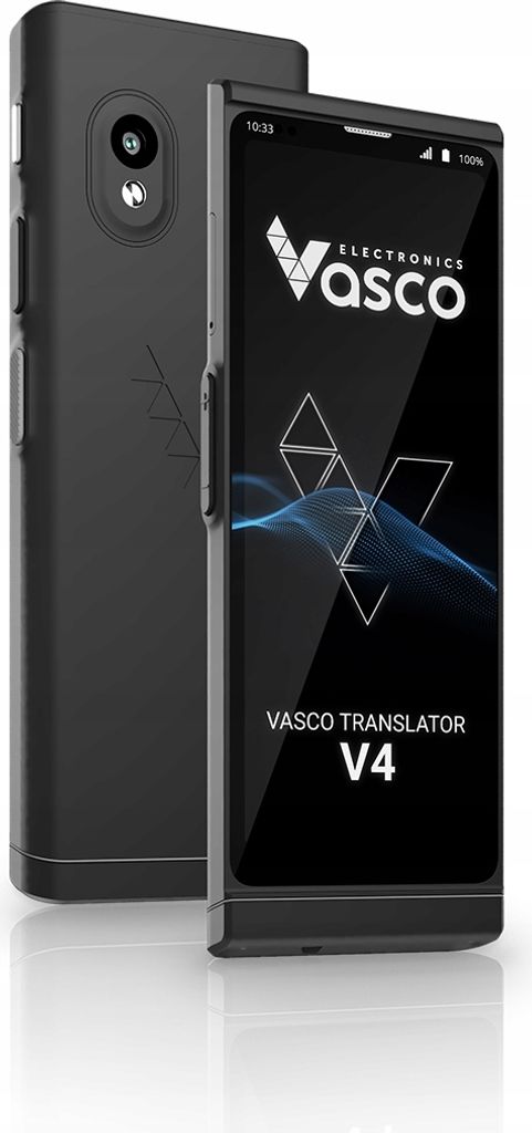 A black Vasco Translator V4 device is shown from two angles, with the front displaying the screen.