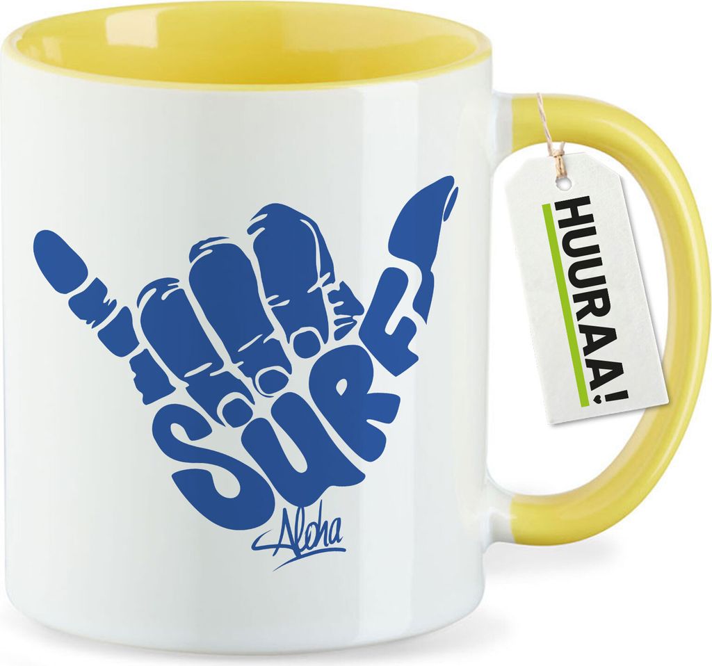 Huuraa Kaffeetasse Hang Loose Surf Aloha 330ml Gelb Keramik Kaffeebecher Geschenkidee