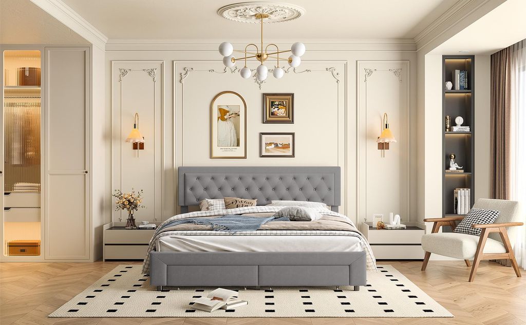 Gepolstertes Doppelbett 180 x 200 cm mit Stauraum und Lattenrost, fleckenabweisende Oberfläche, Samt, Grau