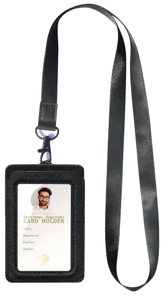 Porte-badge en cuir avec fenêtre transparente et cordon solide Noir-B