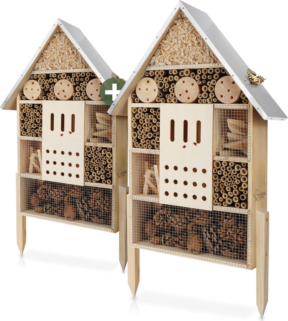 WILDLIFE HOME Insektenhotel XXL Stehend 2 Stück I Bienenhotel mit Standfuß 79 cm & Metalldach I Groß Wildbienenhotel, Insektenhaus fertiges Inse...