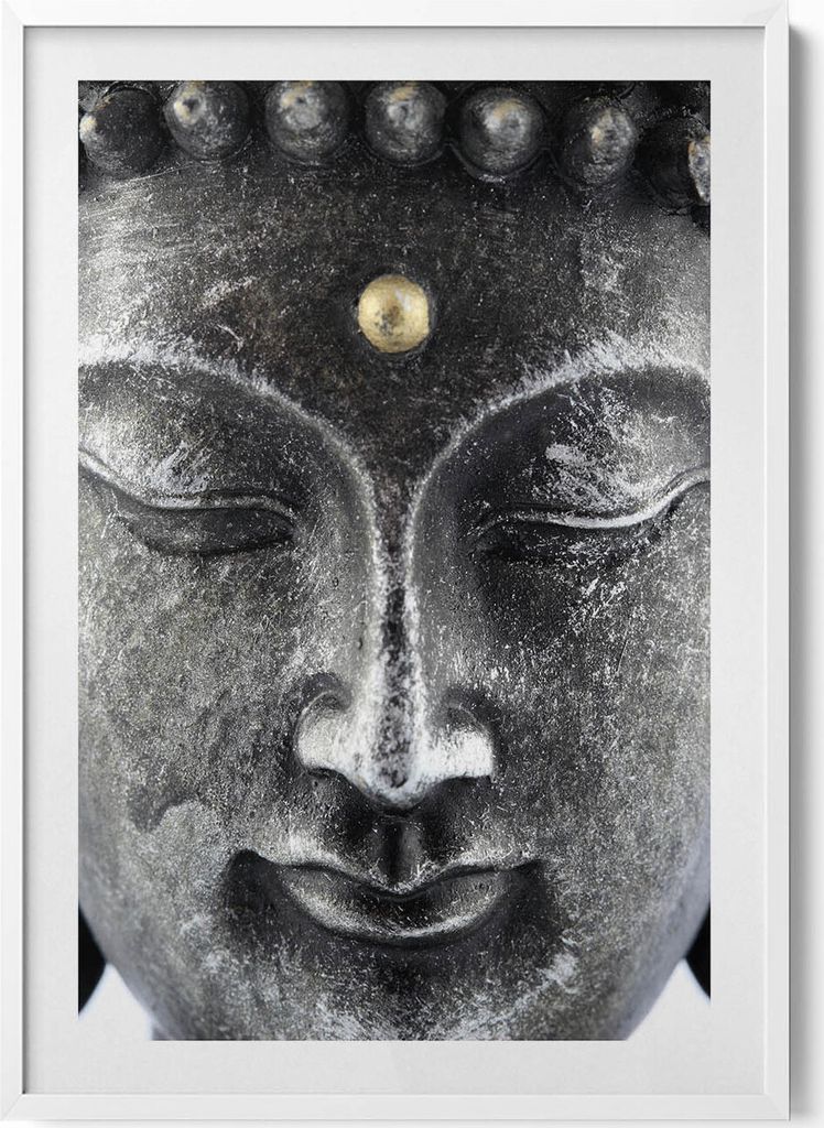 Kopf einer Buddha-Statue– Wandbild mit Rahmen – Gerahmtes Bild – Wanddekoration – 70x100 cm – Weiß Rahmen