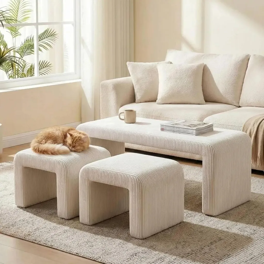 Banquette rembourrée et 2 poufs beiges - Ensemble 3 pièces 103x43x44 cm