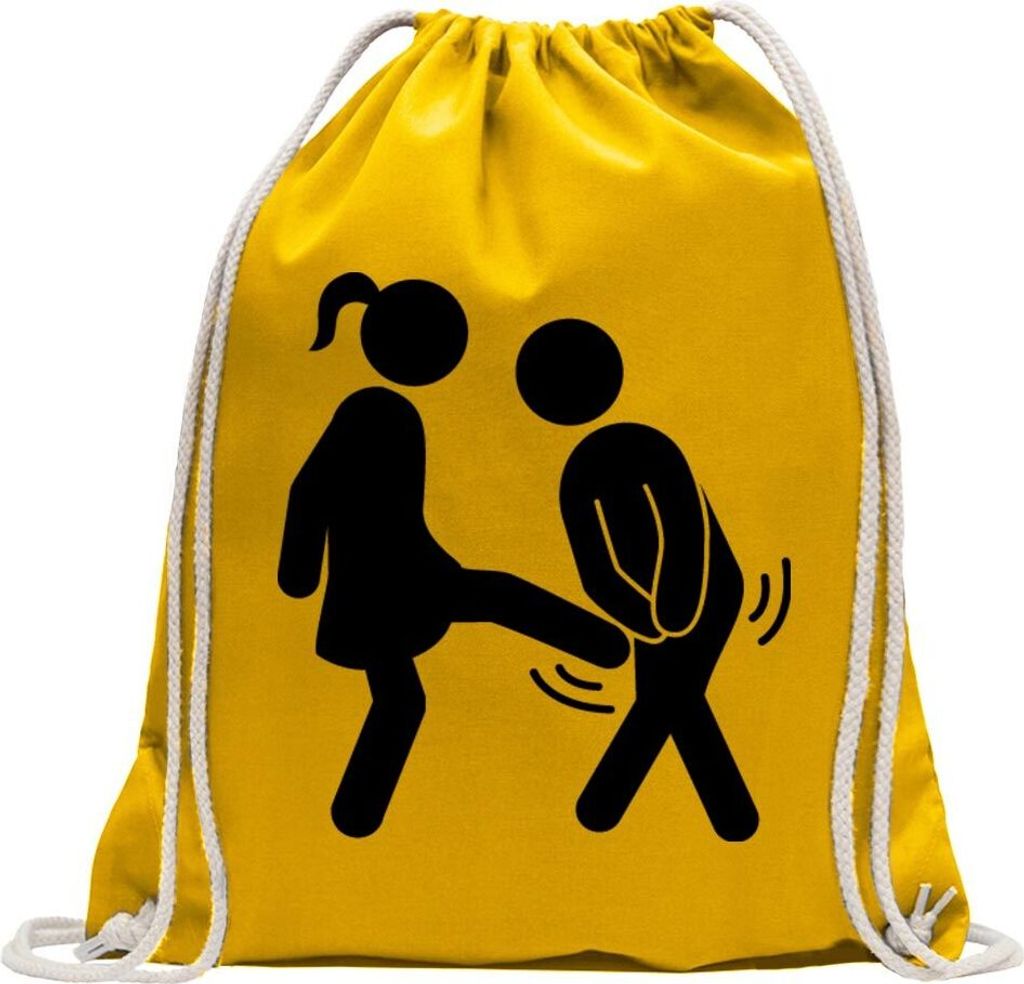 Kiwistar - Turnbeutel - gelb - Frau vs. Mann - Fun Rucksack Sport Beutel Gymsack Baumwolle mit Ziehgurt