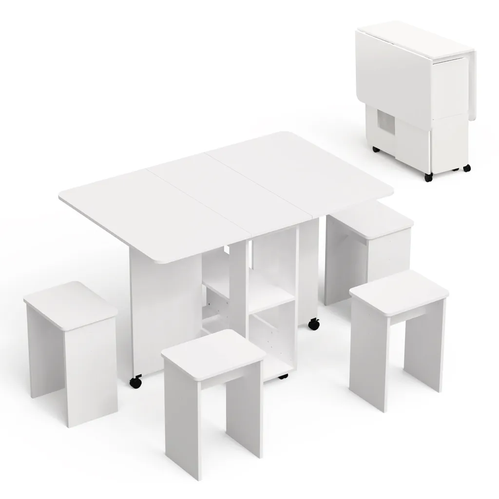 Table à Manger Gain de Place avec 4 Tabourets Encastrables, Blanc - 3