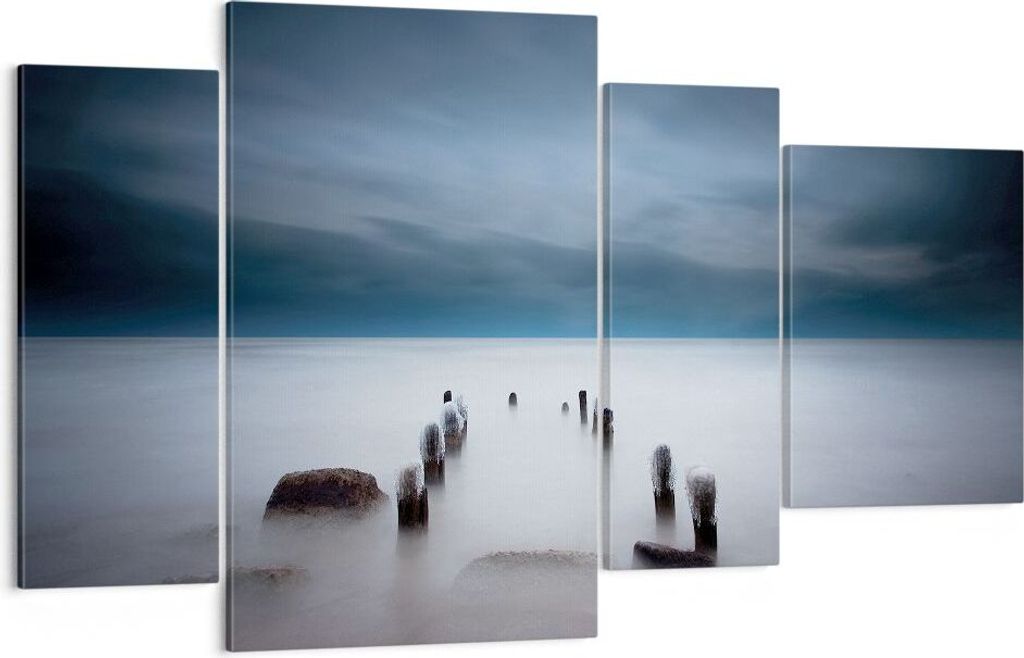 Bild auf Leinwand - Leinwandbild - 4 Teile - Wellenbrecher Nebel Nacht - 120x70cm - Wand Bild - Wanddeko - Wandbilder - Leinwanddruck - Bilder - Wa...