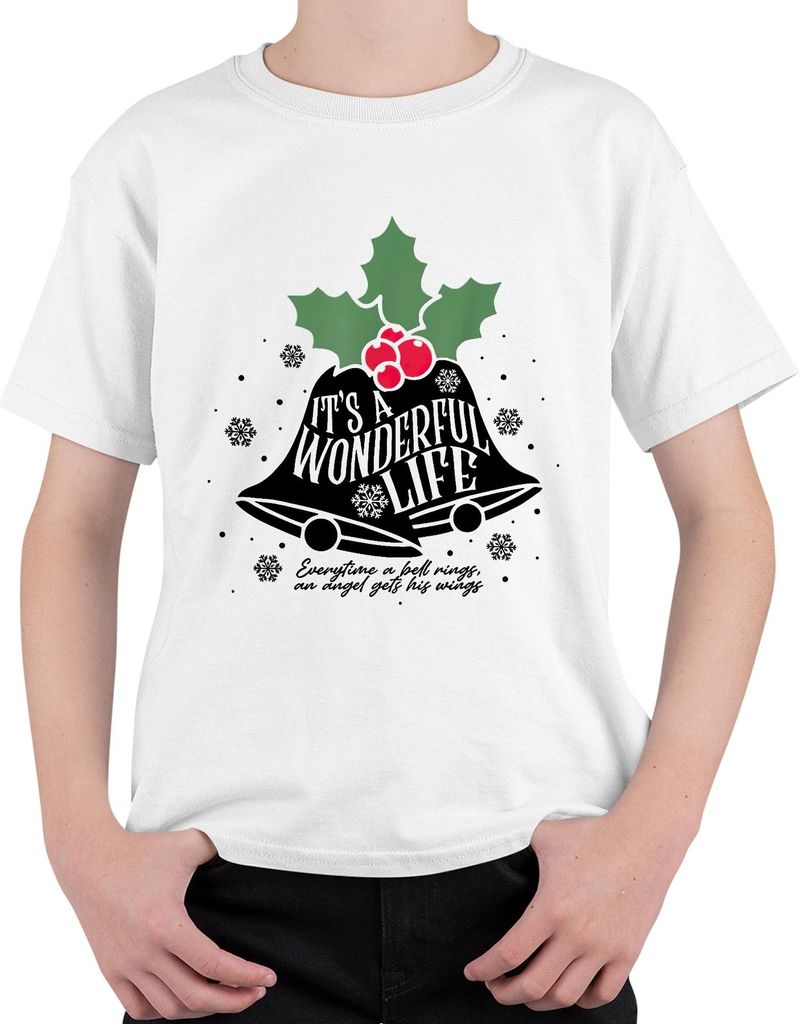 It's a Wonderful Life Christmas bells holly snowflake vintage Uni Kinder T-Shirt, Weiß, 140