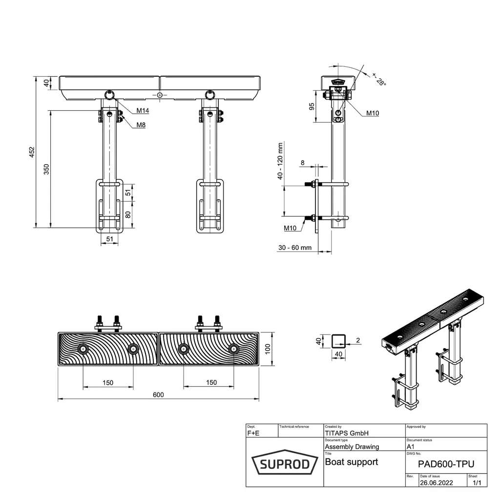 Supporto Lungo SUPROD PAD600-TPU 600mm | Protezione Scafo in TPU Grigio - 4