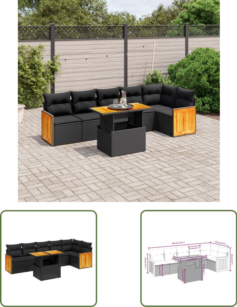 The Living Store 7-tlg. Garten-Sofagarnitur mit Kissen Schwarz Poly Rattan