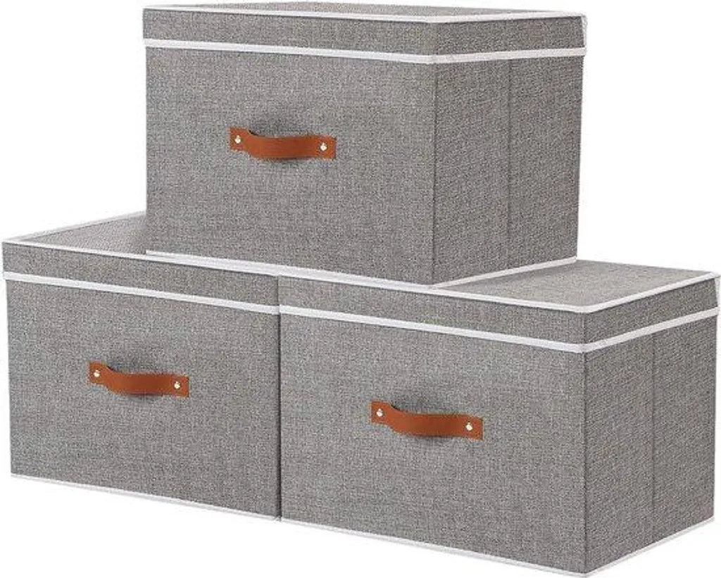 Bac de rangement en tissu gris avec couvercle pour étagère - Lot de 3