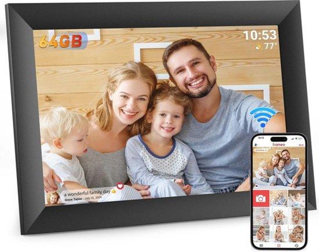 Digitaler Bilderrahmen, 10,1 Zoll, mit WLAN und 64 GB, 1280 x 800 IPS-LCD, automatische Drehung und Audio, einfaches Teilen von Fotos und Videos