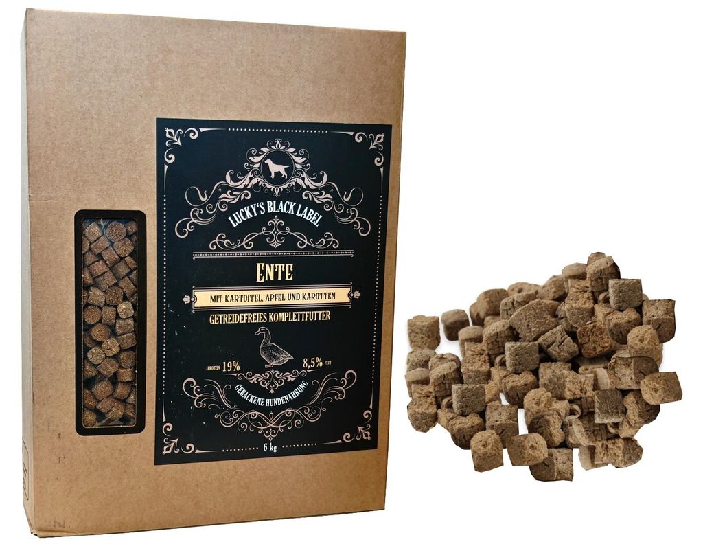 Lucky's Black Label Ente ofengebacken 6 kg Trockenfutter getreidefrei mit Ente Kartoffel Karotten etc.