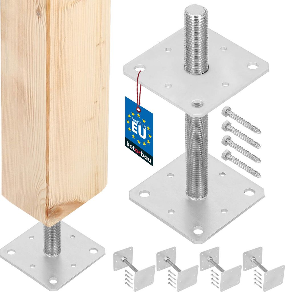KOTARBAU 4er Set Pfostenträger Höhenverstellbar Montagestütze 160x160x250mm M24 Verstellbarer Pfostenfuß Halterung mit Stange für Beton Stah...