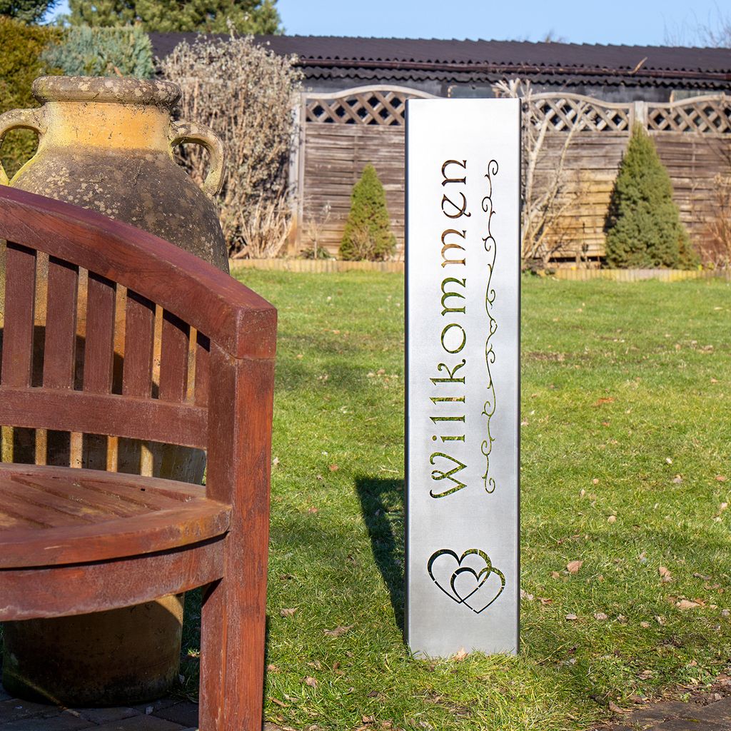 Willkommen Gartenstecker Gartenschild | Rost Garten-Deko | 120cm x 21cm, Design:Doppelherz