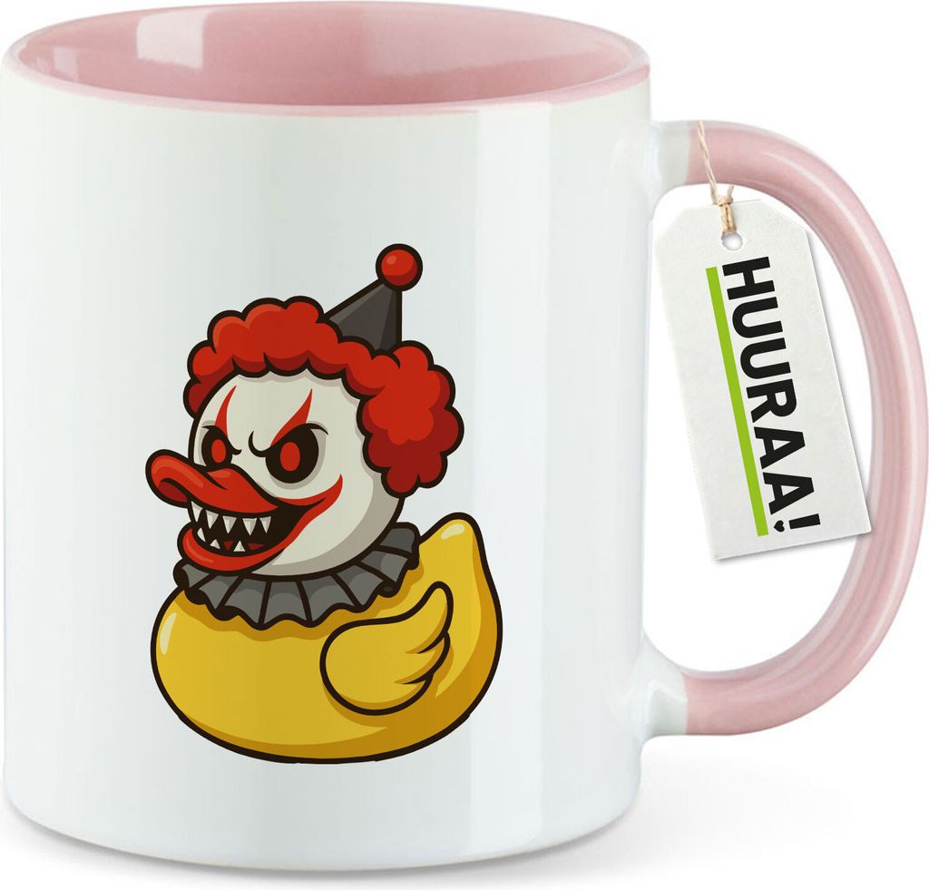 Huuraa Kaffeetasse Quietscheente Horrorclown Gummiente Gruselclown 330ml Rosa Keramik Kaffeebecher Geschenkidee