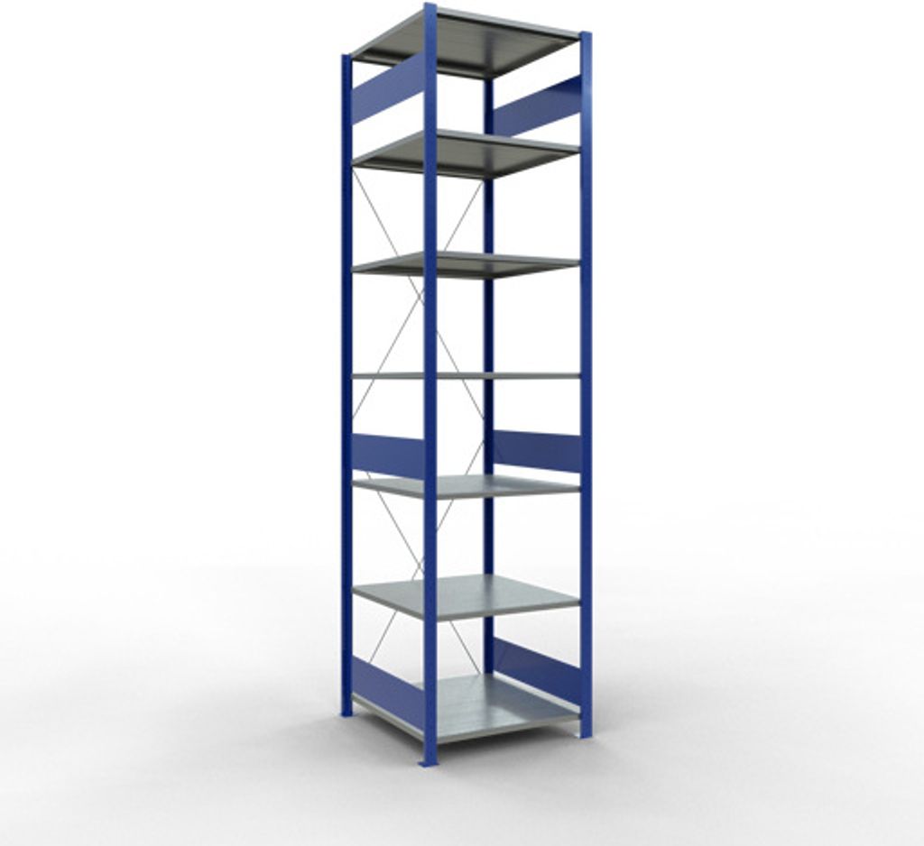 Schulte Fachbodenregal MULTIplus150 Stecksystem | Grundregal | HxBxT 300x75x80cm | 7 Ebenen | Fachlast 150kg | Enzianblau/Verzinkt