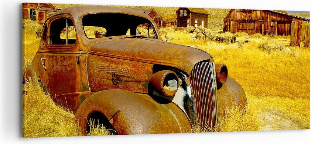 Bild auf Leinwand - Leinwandbild - Bauernhof altes Auto aufgegeben - 120x50cm - Wand Bild - Wanddeko - Leinwanddruck - Bilder - Kunstdruck - Leinwa...