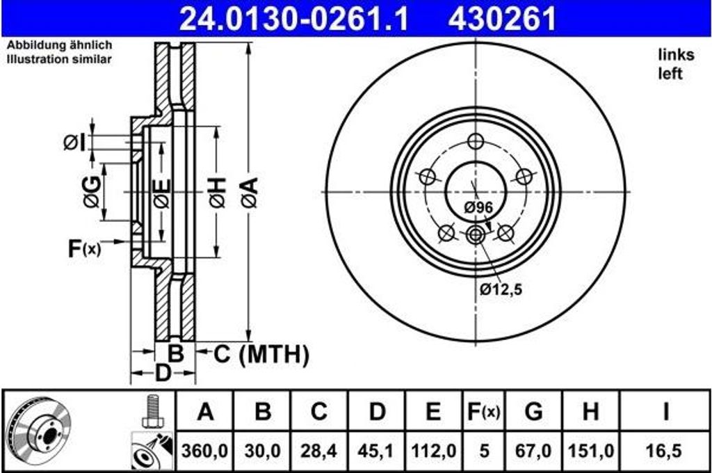 ATE Bremsscheibe Vorne Links für BMW 1 Schrägheck (F40) 360,0mm 24.0130-0261.1
