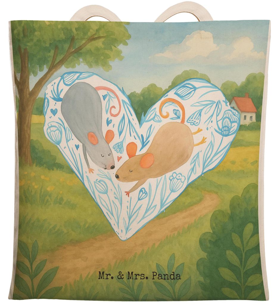 Mr. & Mrs. Panda Tote Bag Mäuse Herz Design - Weiß - Geschenk, Beutel, für Immer, Tragetasche, Hochzeit, Tasche, Stofftragetasche, Lieblingsmens...