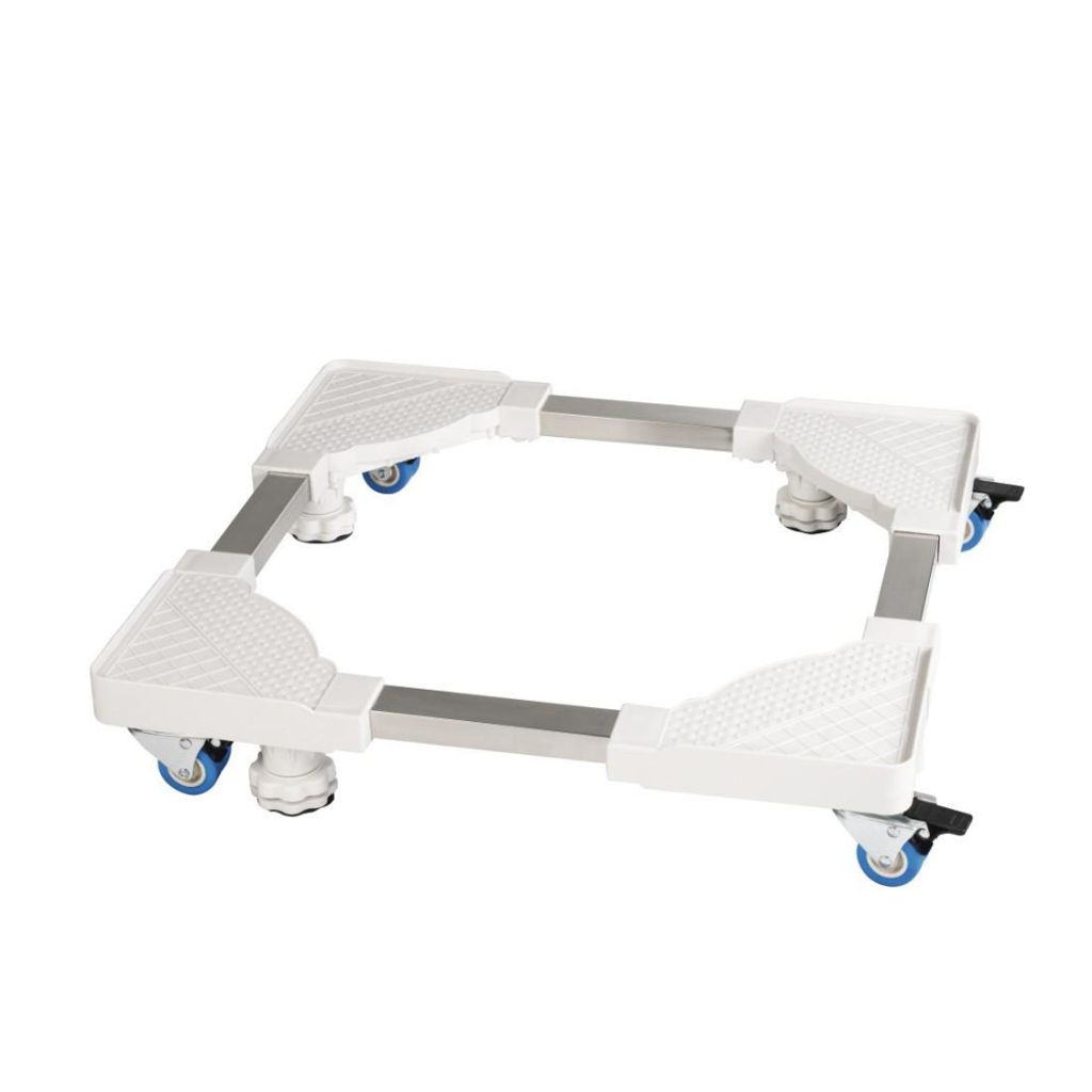 A white adjustable transport roller for appliances like washing machines, dryers, or refrigerators, shown against a white background.