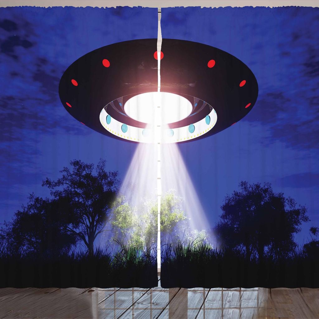 ARANDE UFO Gardine, Nachtlandschaft mit Aliens Raumfahrt Science Fiction Themen Zusammensetzung Woodland, 280 x 175 cm, Mehrfarbig