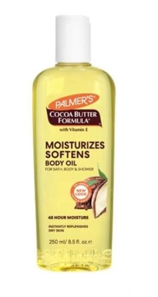 A bottle of Palmer's Cocoa Butter Formula Moisturizes Softens Body Oil.