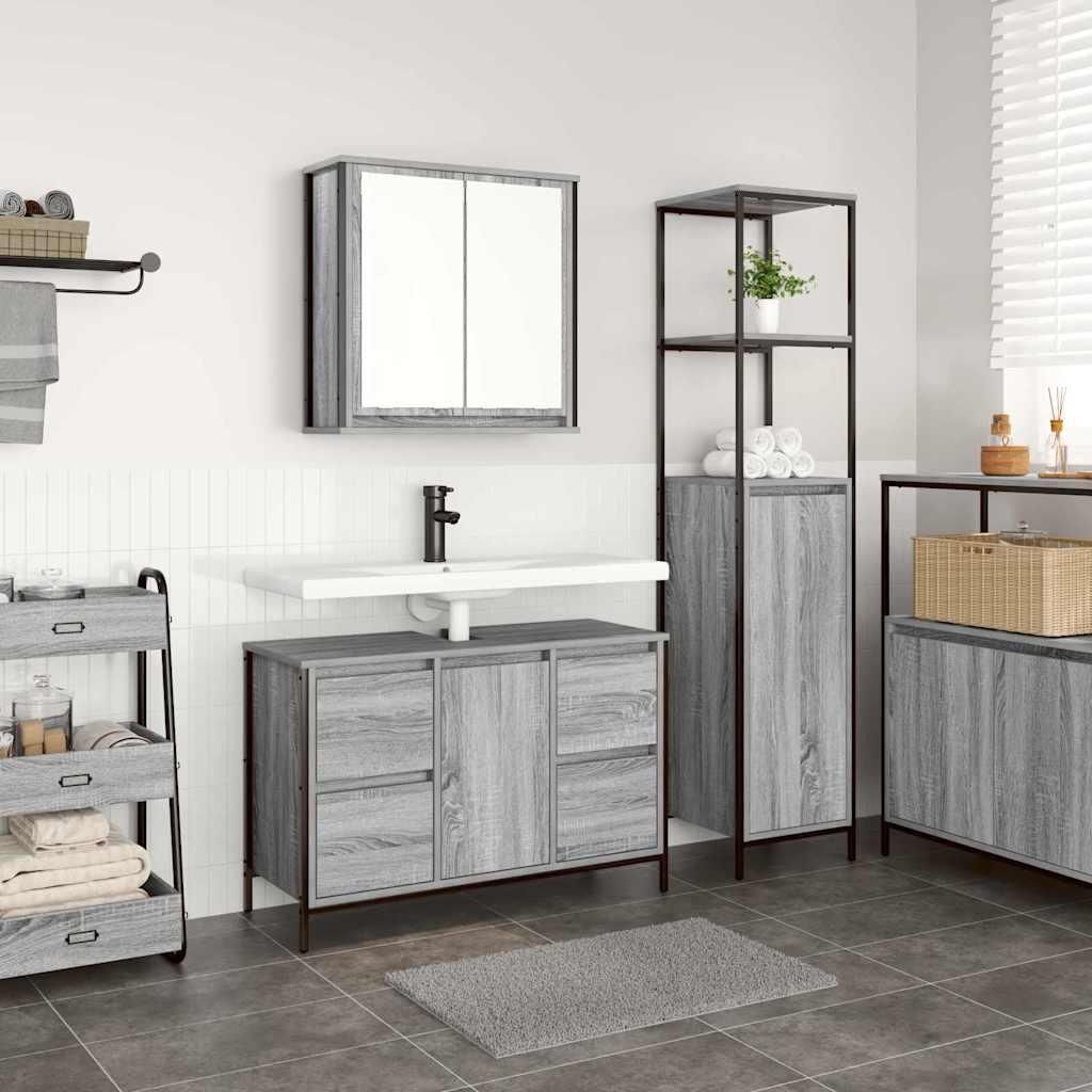 Best Möbel Badezimmermöbel Set mit Regal 2 pcs Grau Sonoma und Schwarz - Spiegelschränke CL4527275 2parcel