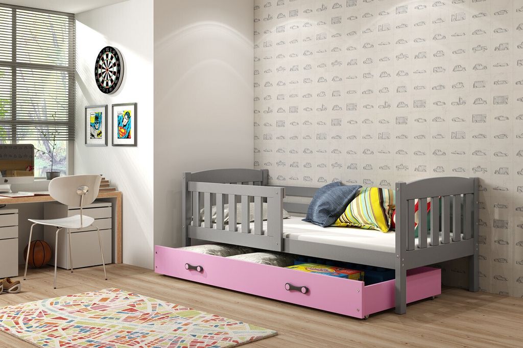 Kinderbett mit Stauraum mit Matratze 80x160 BRIGID – Graphit / Rosa