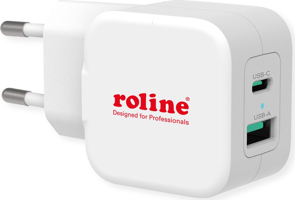ROLINE USB Charger mit Euro-Stecker, 2 Port (Typ-A QC3.0, Typ-C PD), 20W