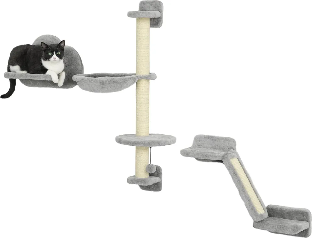 Aménagement mural pour chat d'appartement avec griffoir et hamac gris