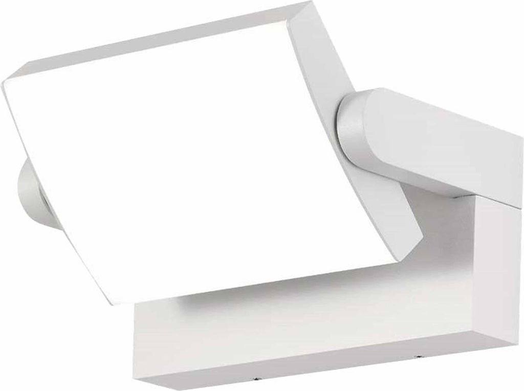 A close-up, studio shot of a white LED floodlight.