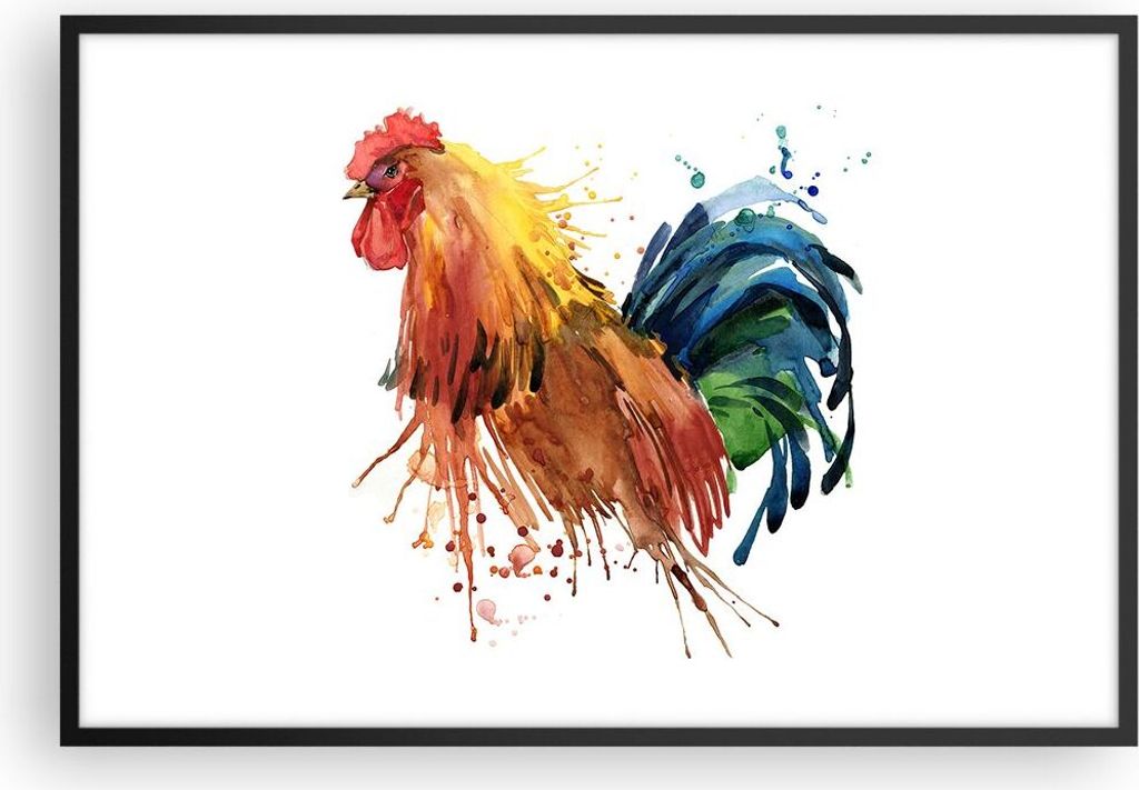 Gerahmtes Poster - Schwarzer Rahmen - Hahn Ilustration Tier Farben - 91,5x61 cm - Wand Bild - Wanddeko - Wandbilder - Wandposter - Bilderrahmen - B...