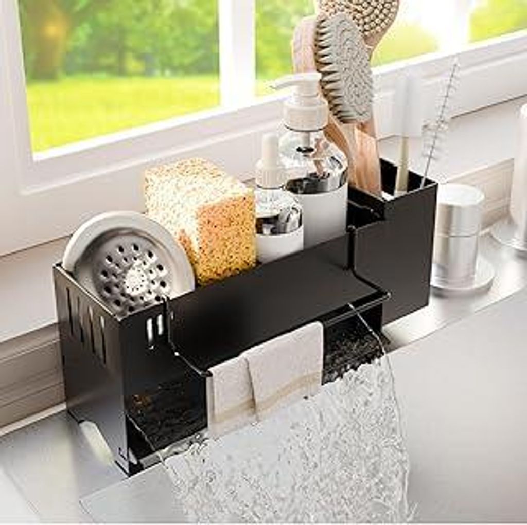 Schwammhalter Spülbecken - Metall Spülbecken Organizer, Spülschwammhalter mit Verlängerter Abtropffläche, Spüllappenhalter und Bürstenhalter...