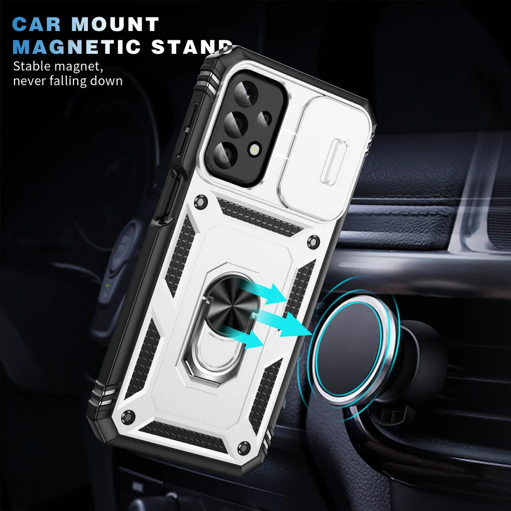 Custodia per Samsung Galaxy A23 5G/4G protezione fotocamera scorrevole, resistente agli urti, con supporto ad anello, supporto e porta carte Bianco - 5