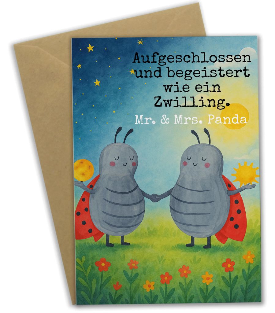 Mr. & Mrs. Panda Grußkarte Sternzeichen Zwilling Design - Weiß - Geschenk, weihnachtskarten, hochzeitskarten, Geburtstag Mai, einladungskarten, o...
