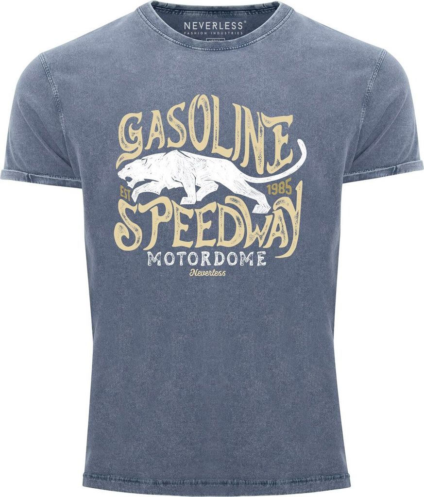 Neverless Herren T-Shirt Vintage Shirt Printshirt Gasoline Speedway Panther Motiv Used Look Slim Fit blau L