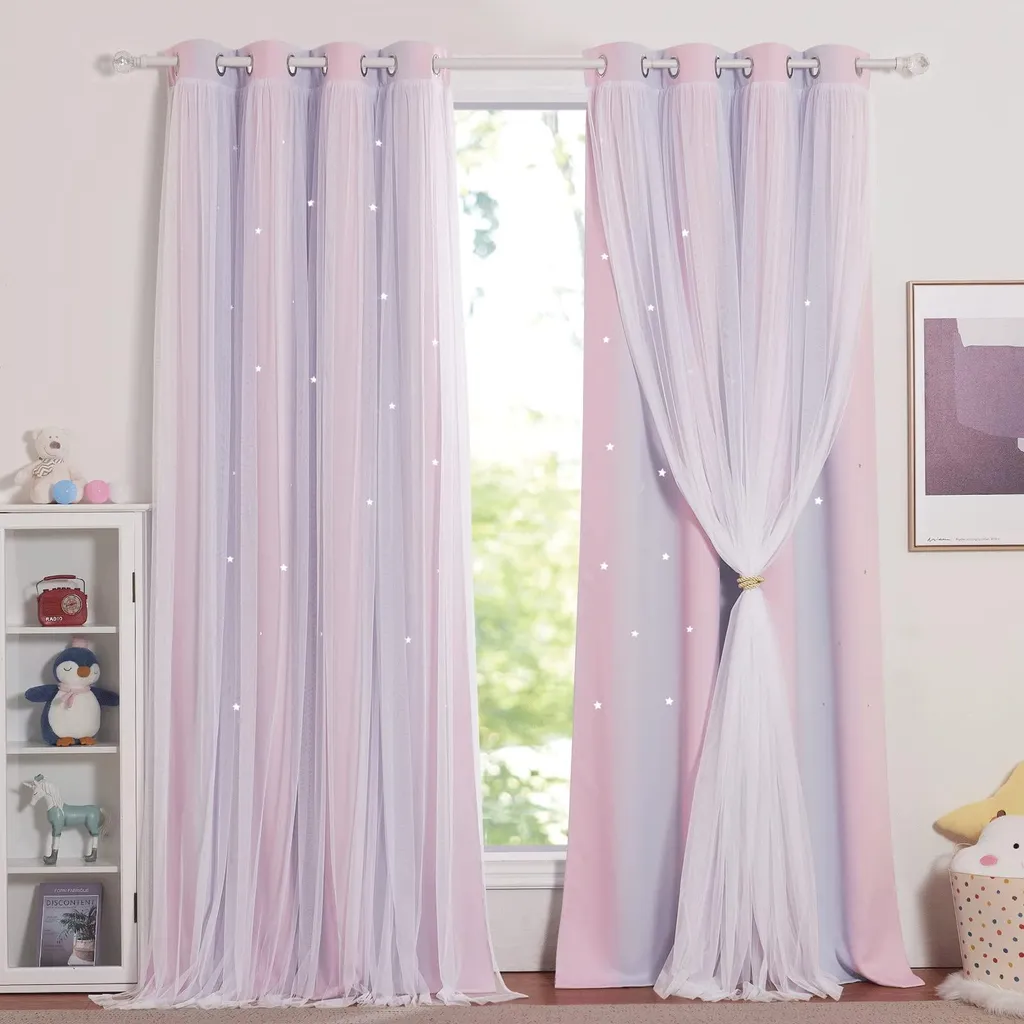 Rideaux étoiles phosphorescentes et voile rose violet H240 x L132 cm
