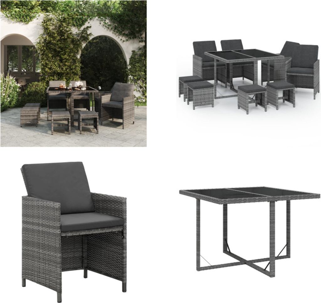 vidaXL 9 tlg. Garten Essgruppe mit Auflagen Poly Rattan Grau - Garten-Essgruppe - Garten-Essgruppen - Outdoor-Essgruppe - Terrassen-Essgruppe