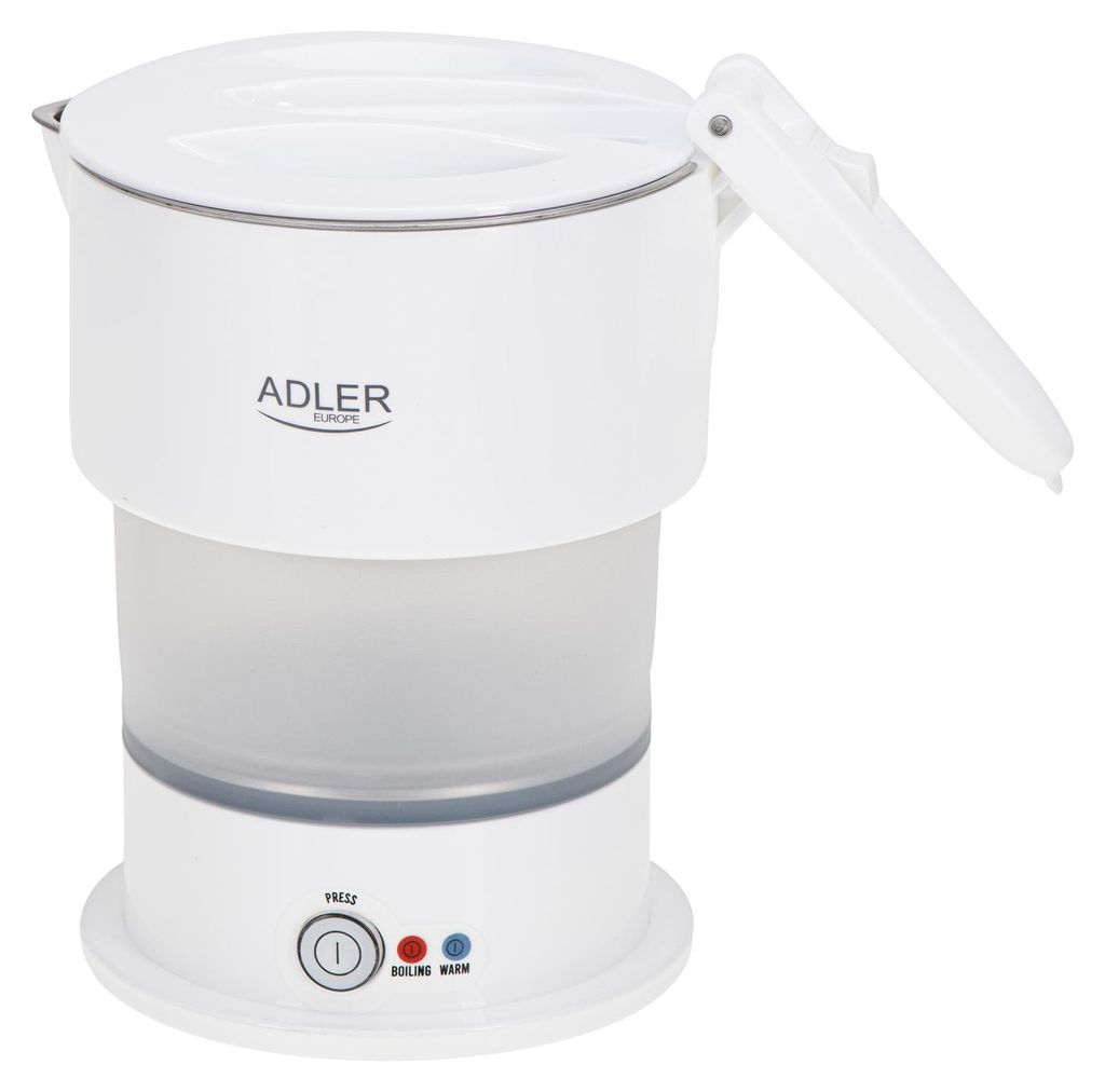 A white Adler foldable travel kettle is shown against a white background.