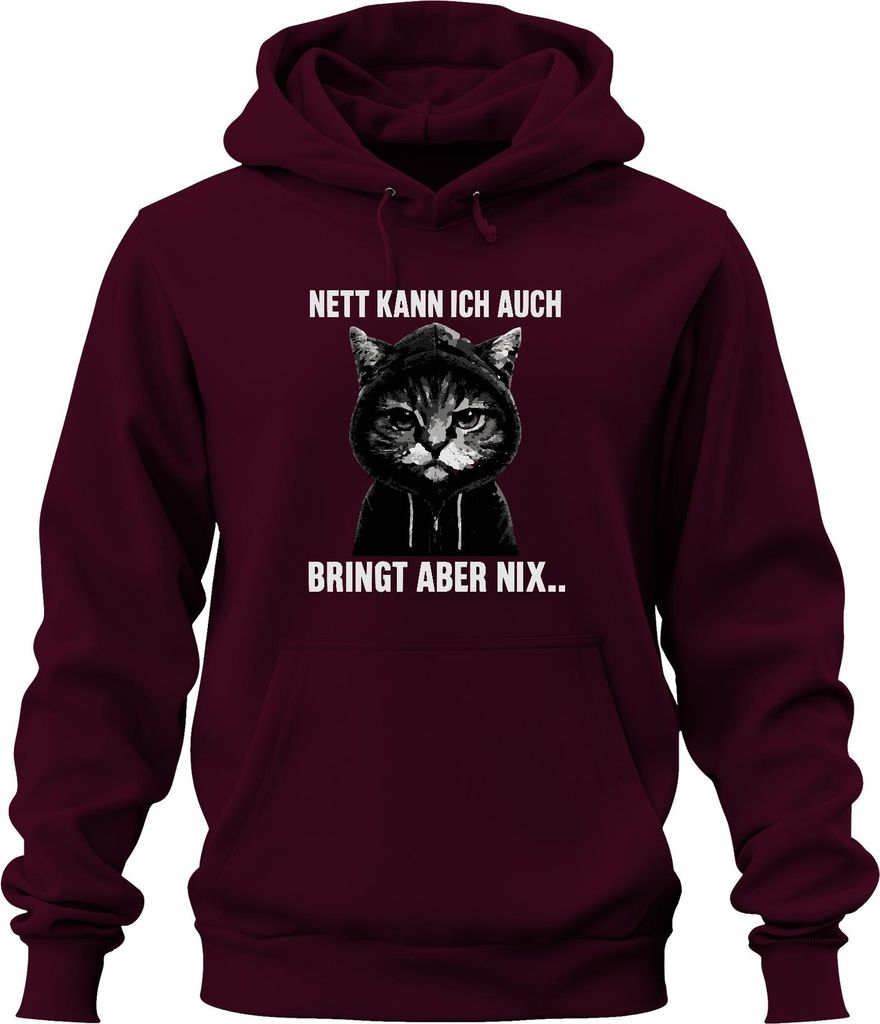 Nett kann ich auch bringt aber nix freche Katze Kapuze lustig Uni Hoodie Kapuzenpullover, Burgundy, 3XL