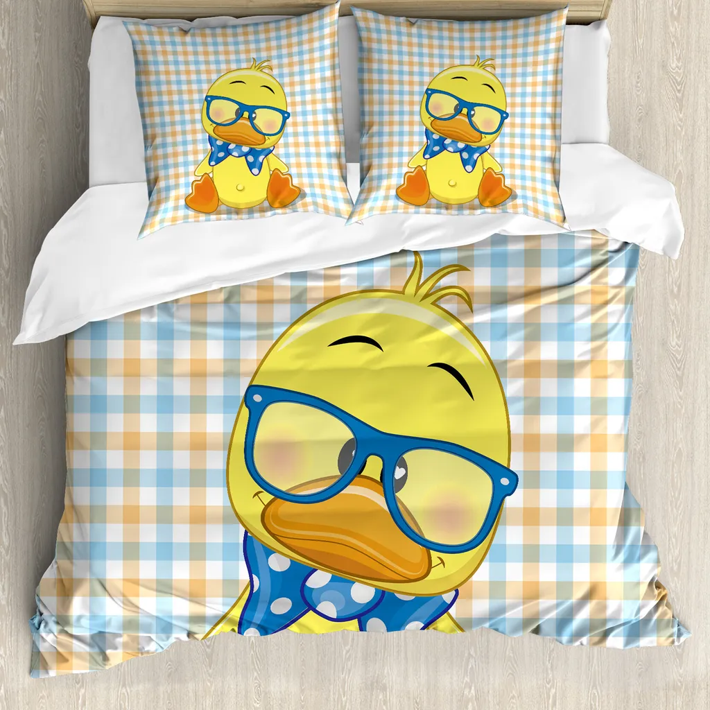 ABAKUHAUS Copripiumino con caricatura, Hipster Boho Kühle Ente, antiacaro, adatto a chi soffre di allergie, con federe, 200 cm x 200 cm - 80 x 80 cm, arancione giallo blu