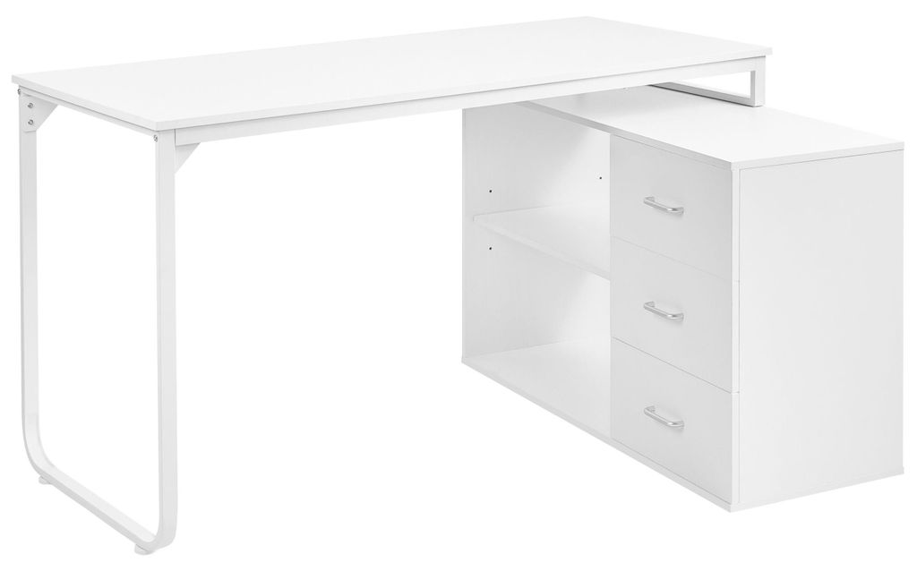 BELIANI Eckschreibtisch Weiß Faserplatte Eisen 140 x 100 cm mit Schubladen und Regalfächern Stauraum Homeoffice Schreibtisch Bürotisch