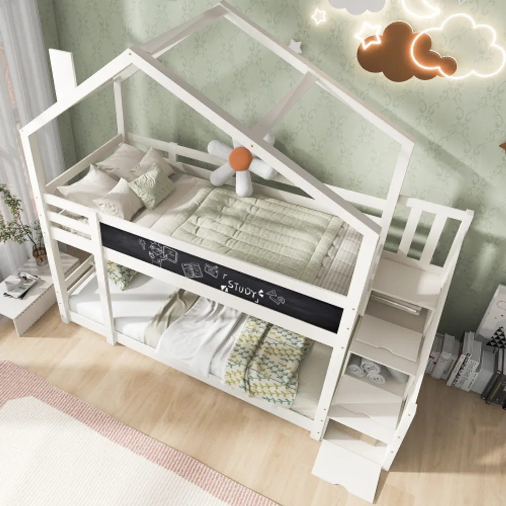 Lit Superposé Sécurisé Gain de Place avec Escalier et Tiroirs Intégrés